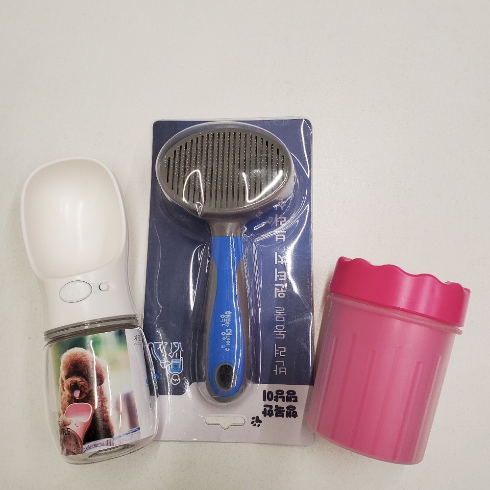 Pet bottle, brush, and foot cleaner for small pets.